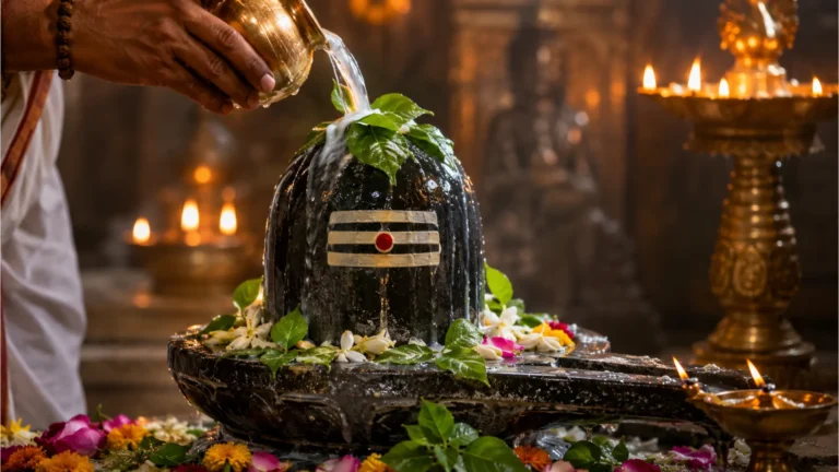 Holy Shiva Lingam being worshipped with water and milk offerings.