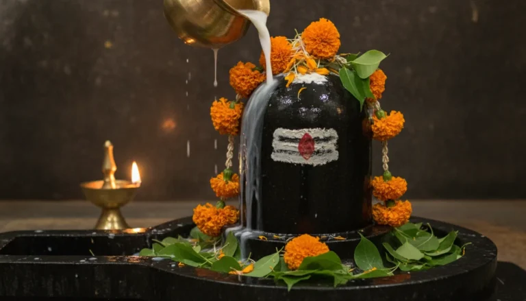 Continuous pouring of milk and water on a black stone Shiva Lingam with floral decorations and shayari.