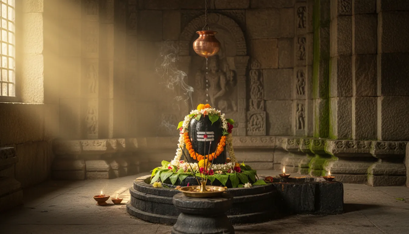 Holy Shiva Lingam decorated with Bael leaves and flowers during puja.