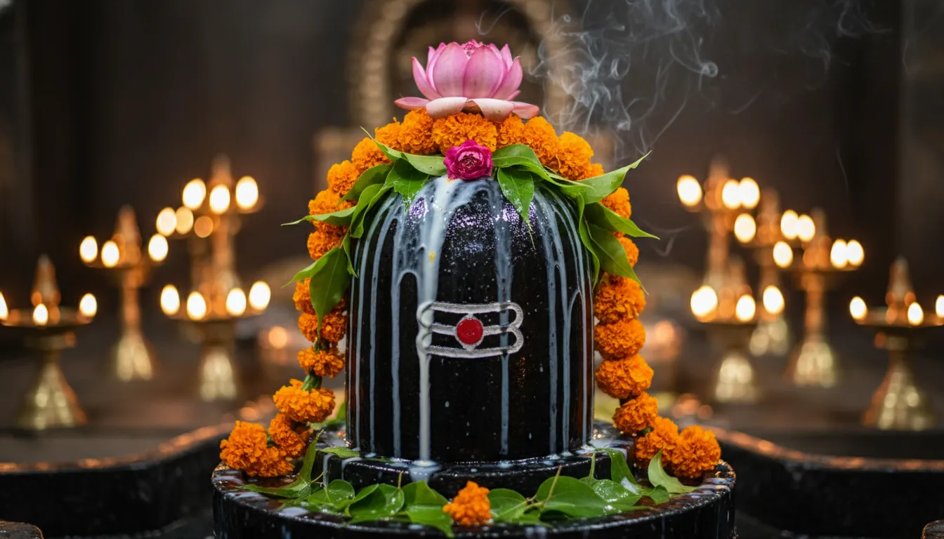 A sacred Shiva Lingam beautifully decorated with Bael leaves and milk Abhishekam.
