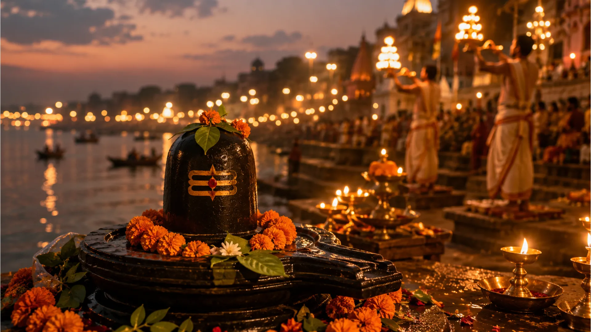 Shiva Lingam decoration with flowers at Varanasi Ganga ghat