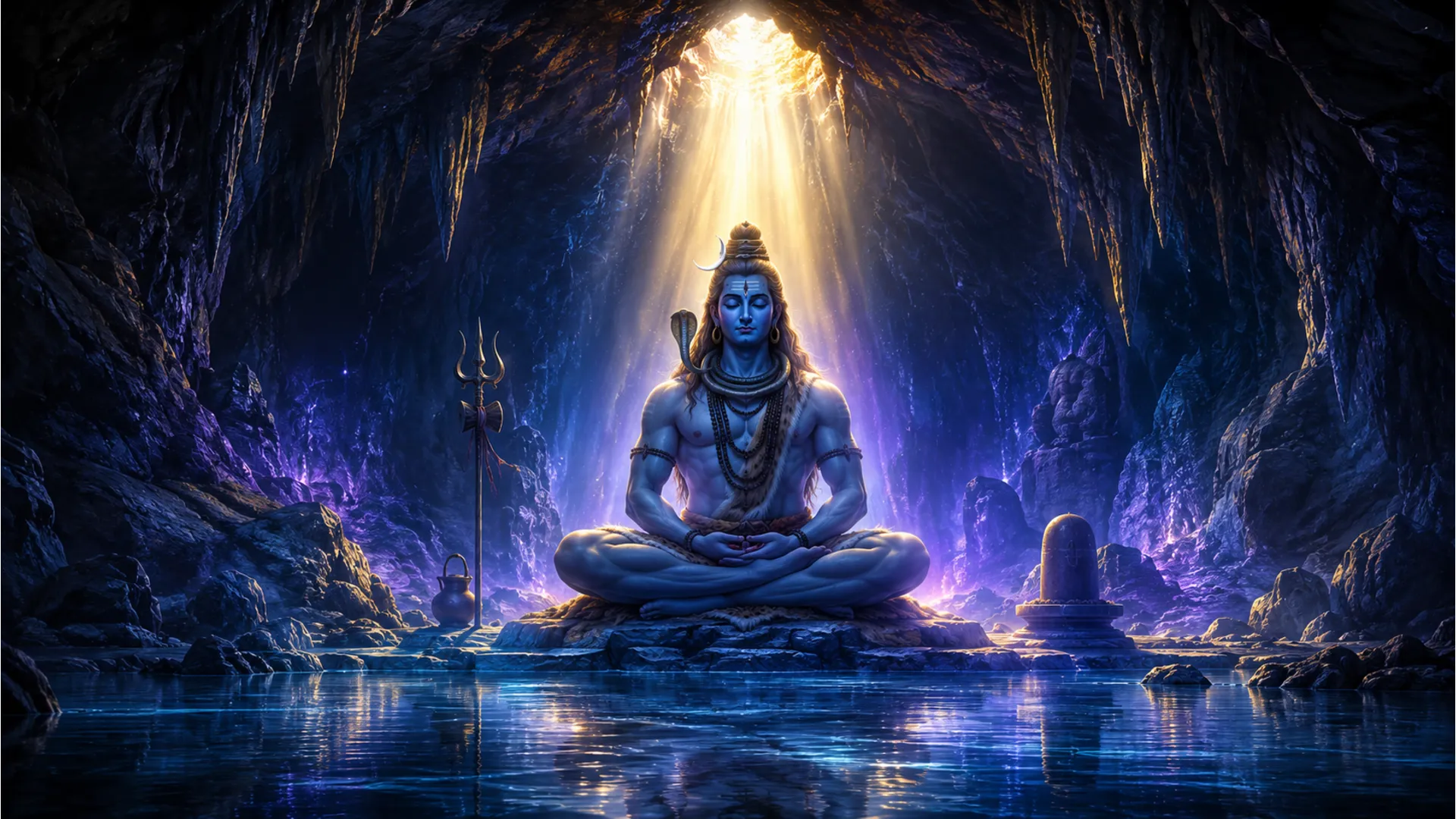 Lord Shiva sitting in meditation inside a glowing mystical cave with water.