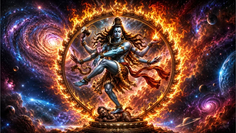 4K digital art of Lord Shiva as Nataraja performing the Ananda Tandava in a swirling galaxy.