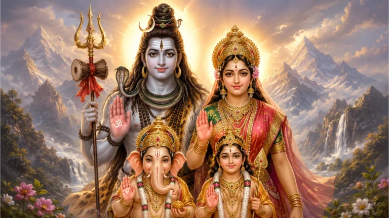 Har Har Mahadev family photo HD showing Lord Shiva and Goddess Parvati blessing devotees.