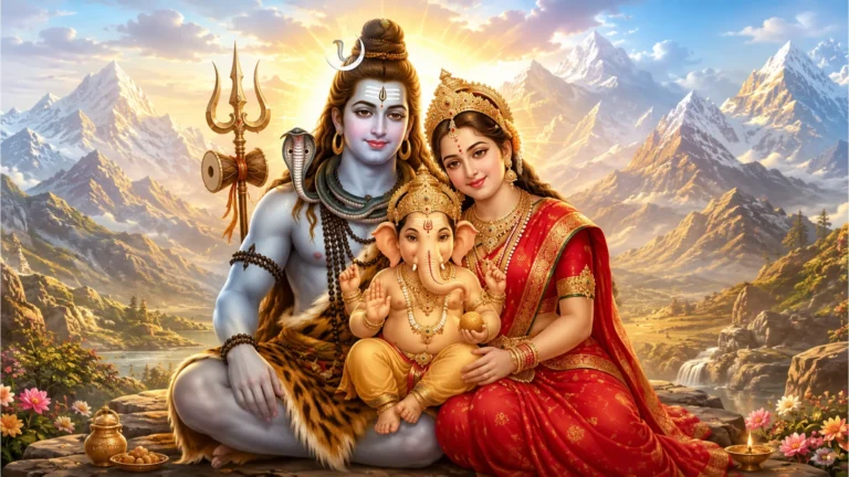 Lord Shiva, Goddess Parvati, and Bal Ganesha sitting together and giving blessings.