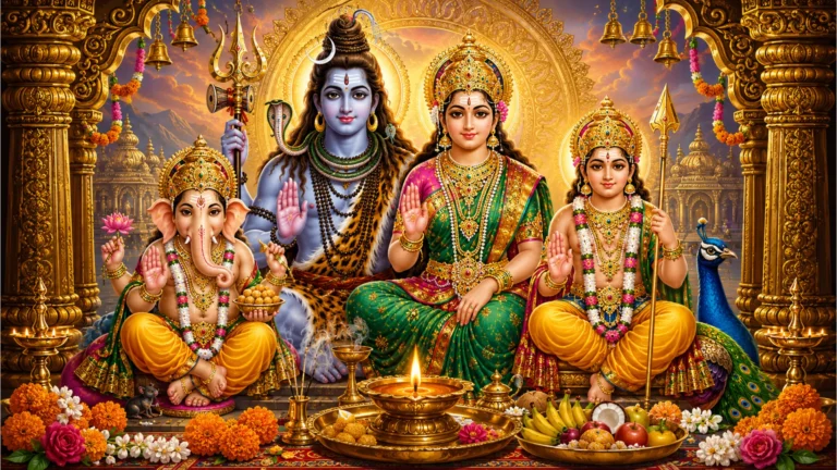 Devotional illustration of Shiva family surrounded by traditional puja ritual elements