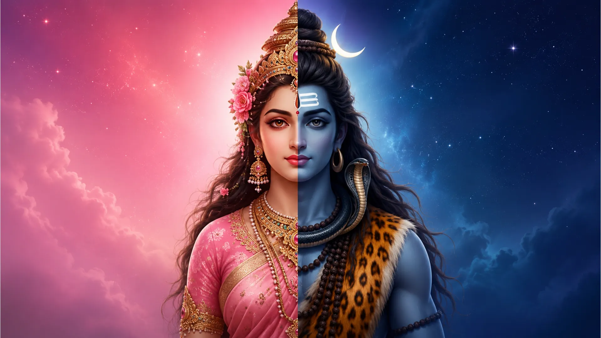Artistic fusion painting showing the half-male and half-female form of Shiva and Parvati.