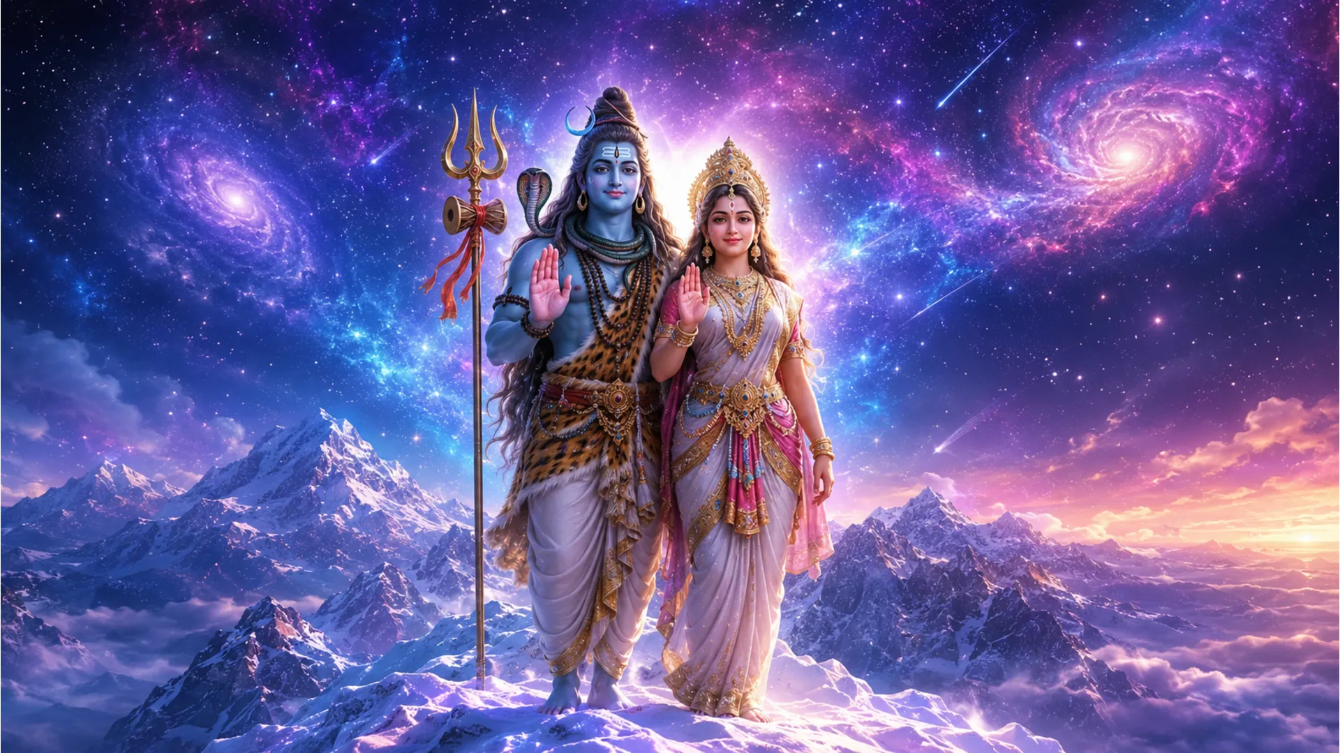Shiva and Parvati raising their hands in blessing on a high mountain with a galaxy background.