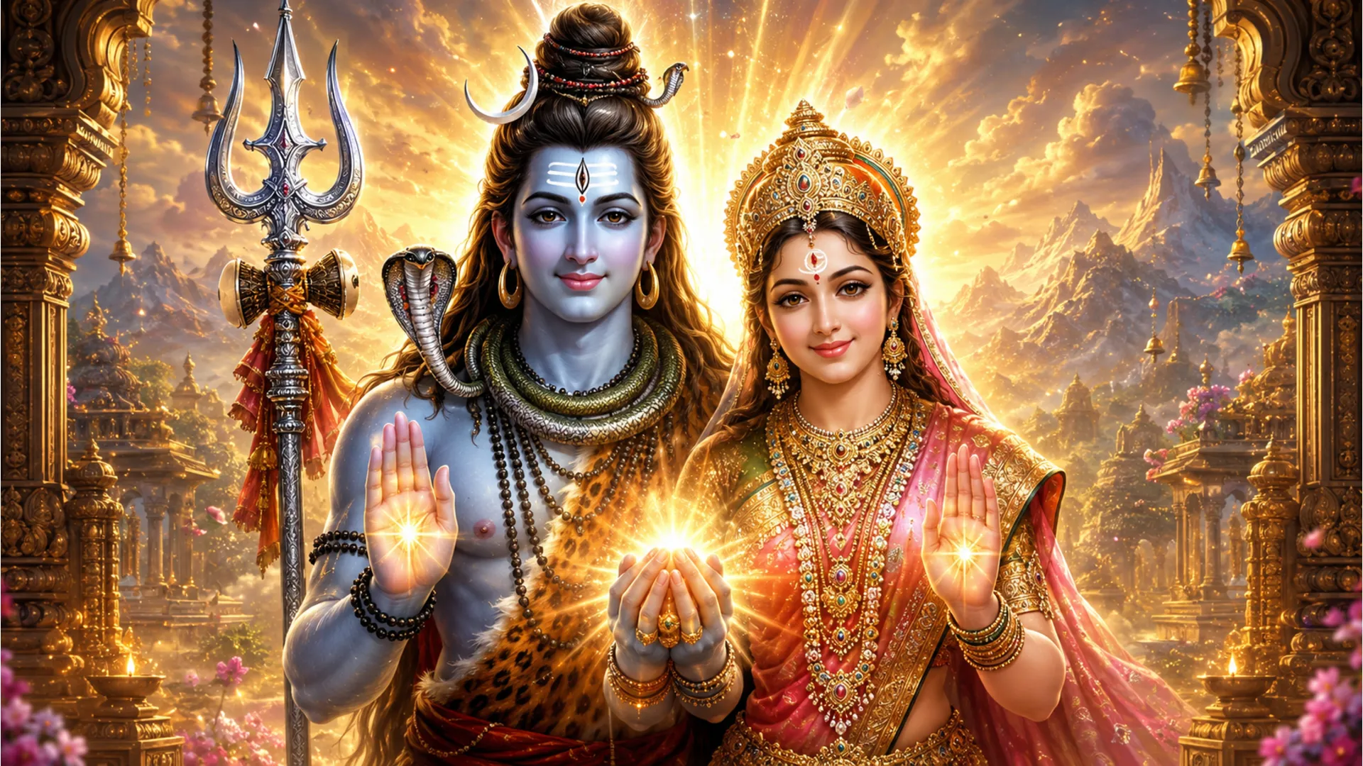 lord shiva and parvati blessing hands holding together bright light trishul background