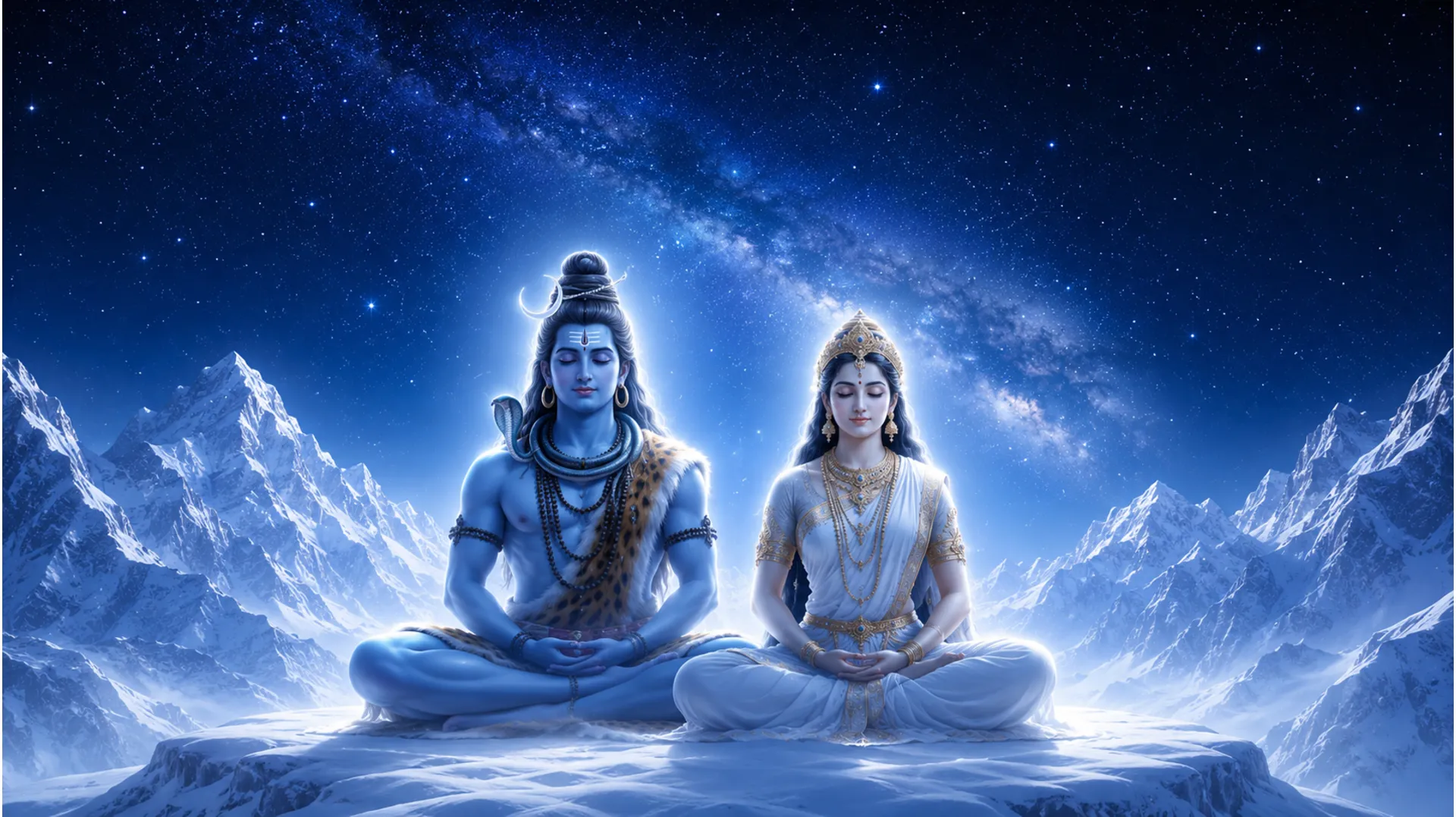 Shiva and Parvati meditating together in the snowy Himalayan mountains.