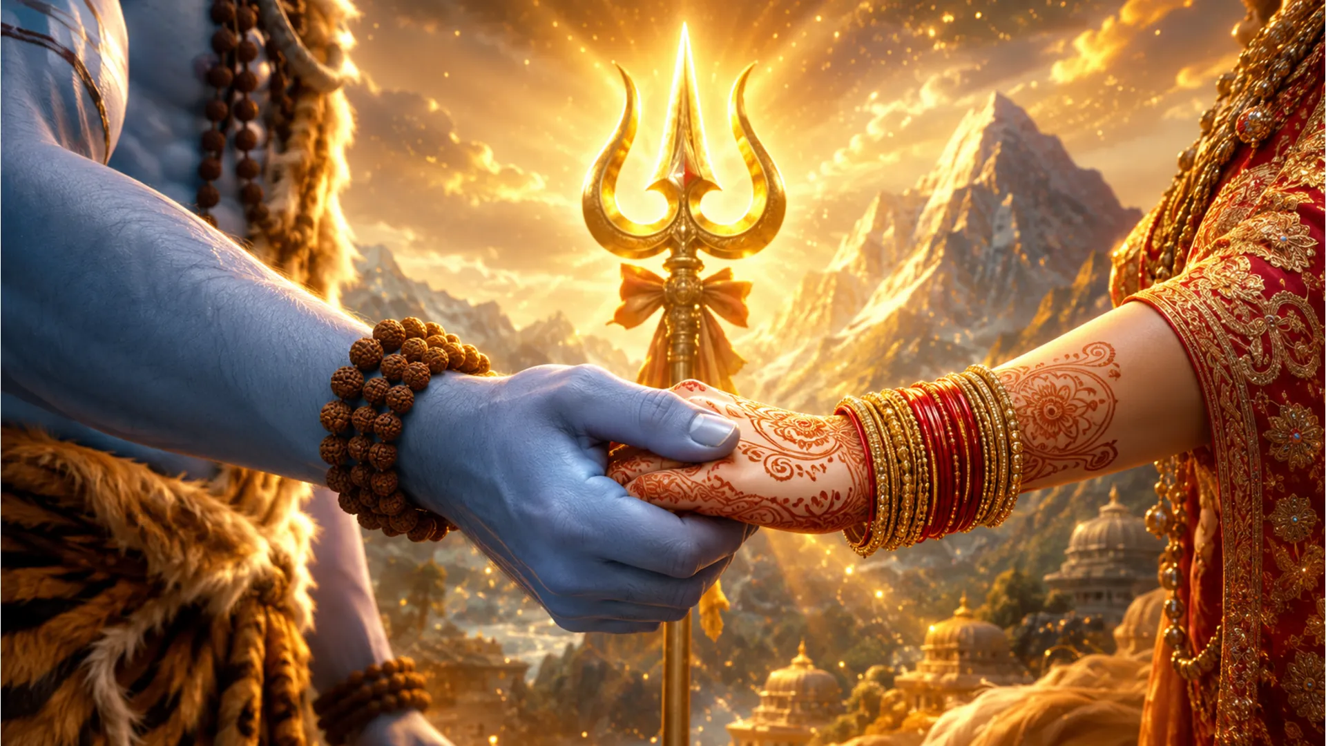 shiva parvati holding hands behind a protective glowing trishul symbol of safety and love