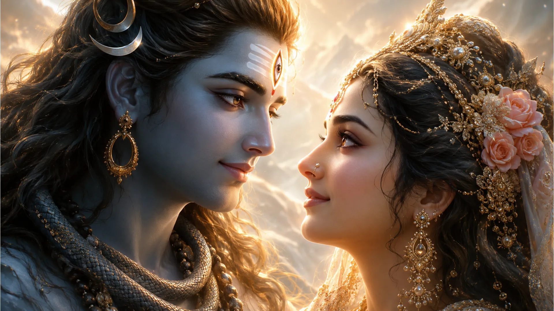 shiva parvati divine eye contact soft romantic close up painting