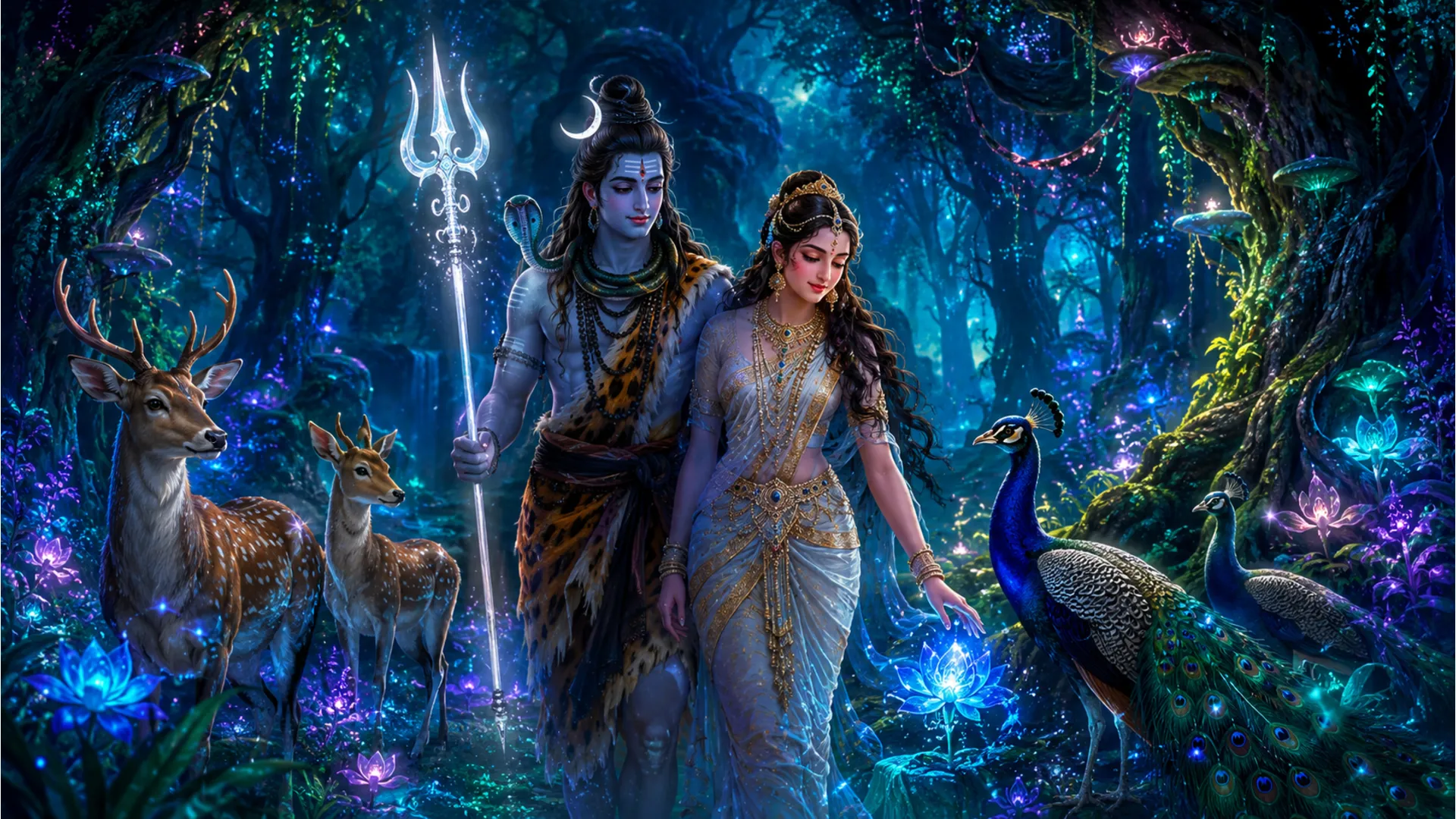 Fantasy style art of Shiva and Parvati walking through a glowing, mystical forest at night.