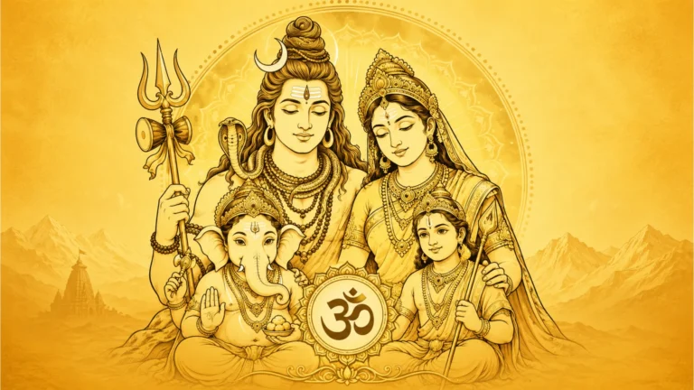 Minimal line art illustration of Shiva, Parvati, Ganesha, and Kartikeya on a warm golden background with a devotional symbol.
