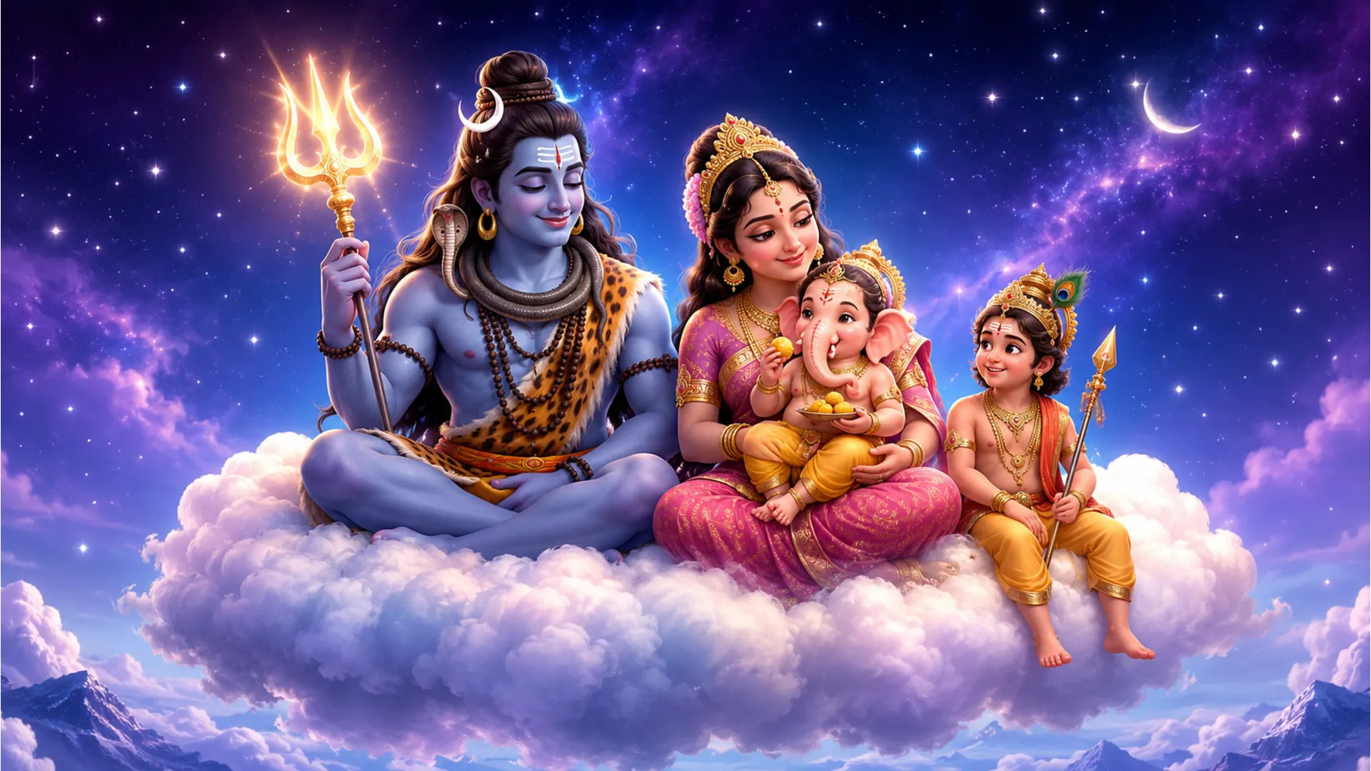 Whimsical cartoon drawing of Lord Shiva, Goddess Parvati, Ganesha, and Kartikeya sitting together on a fluffy white cloud.