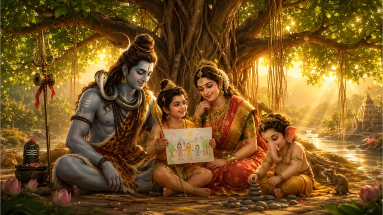 Colorful cartoon art of the Shiva family sitting under a glowing, sacred banyan tree in a peaceful forest.