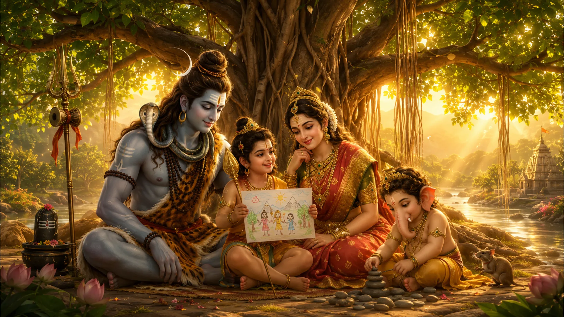 Colorful cartoon art of the Shiva family sitting under a glowing, sacred banyan tree in a peaceful forest.