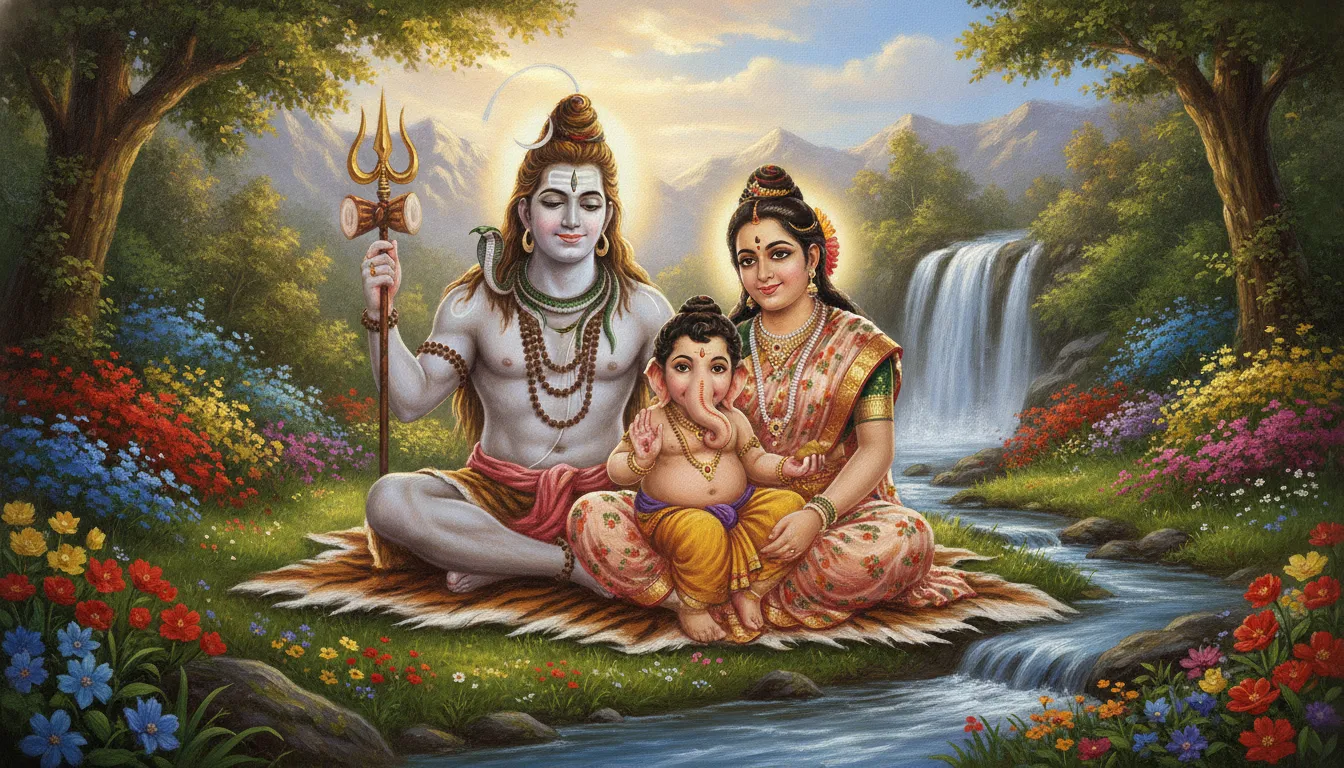 Lord Shiva, Goddess Parvati, and young Lord Ganesha sitting together happily.