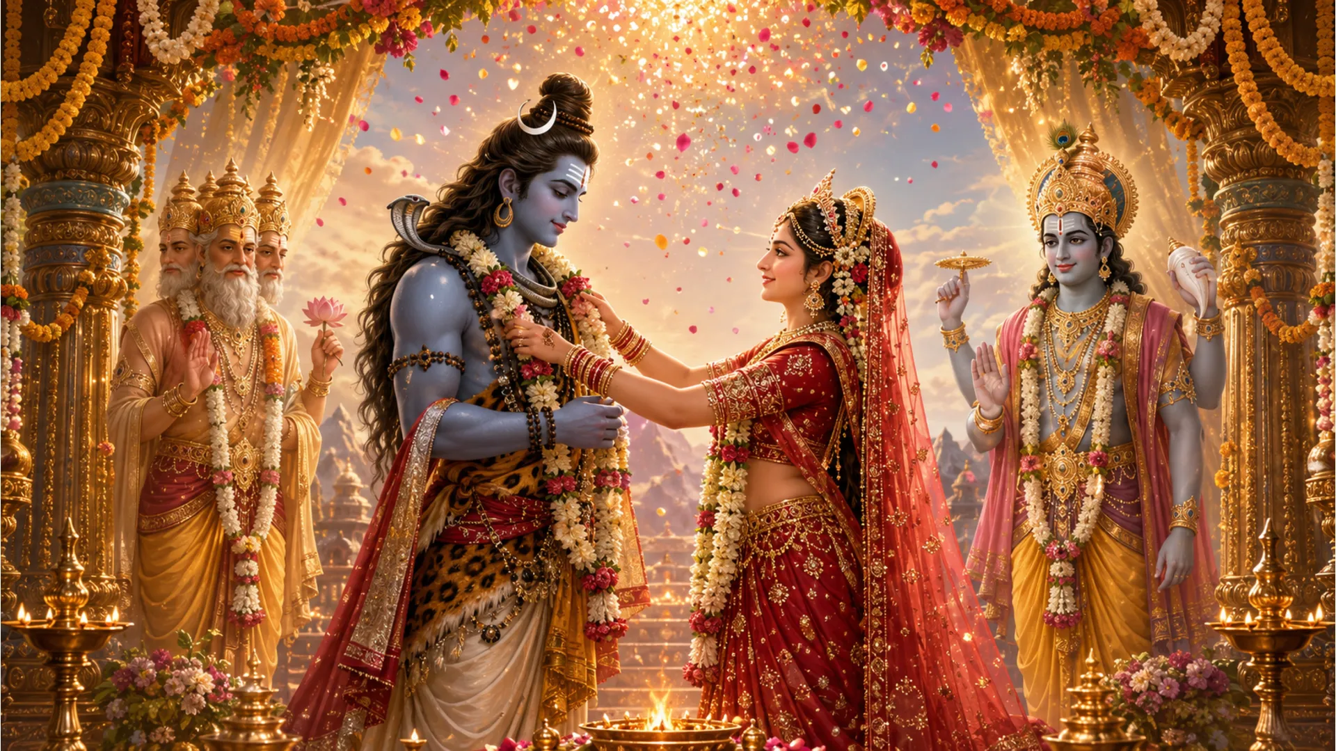 Traditional painting of Lord Shiva and Goddess Parvati exchanging wedding garlands in a grand celestial mandap.