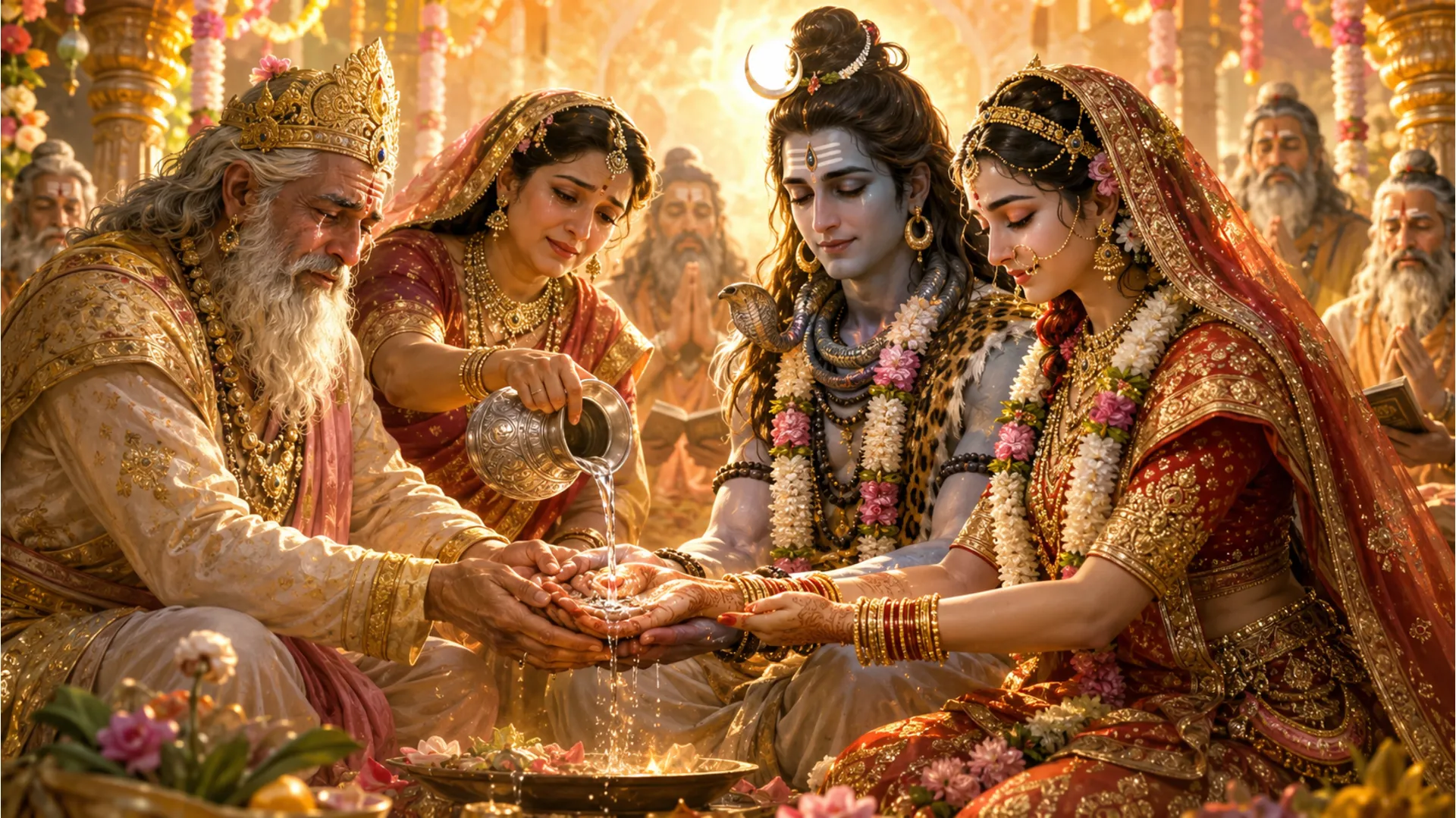 Classical painting of King Himavan placing Goddess Parvati’s hand into Lord Shiva's hand during the wedding.