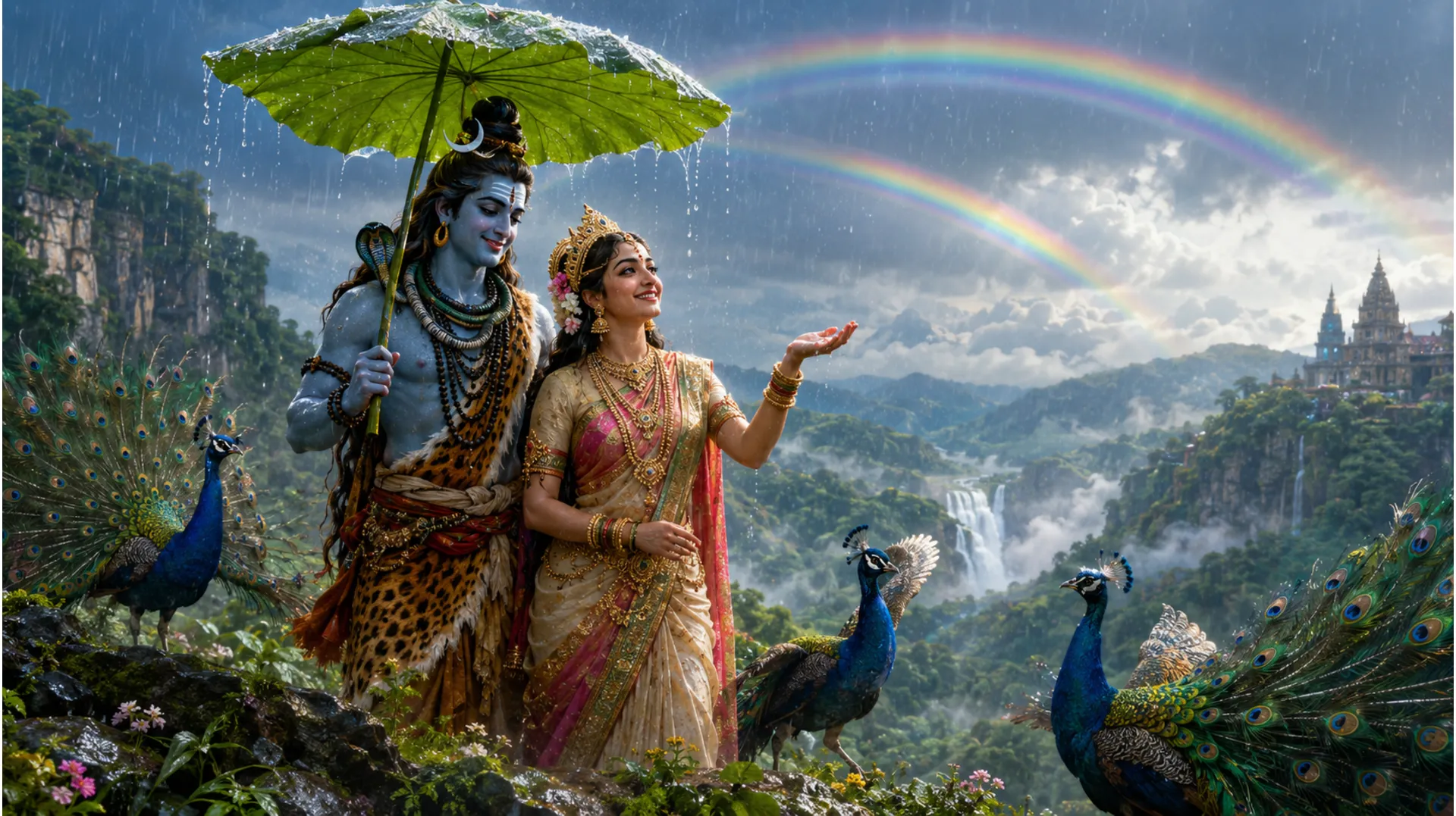 Shiva and Parvati enjoying the beautiful nature and rain in the mountains.