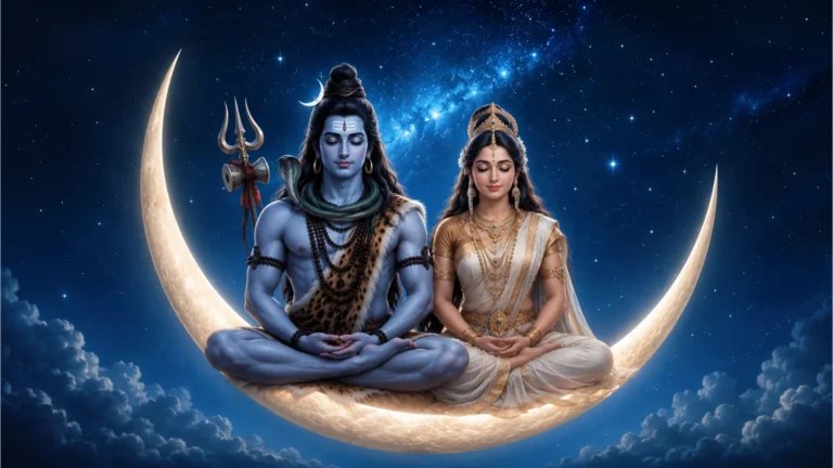 shiva parvati meditating together moon background calm spiritual art