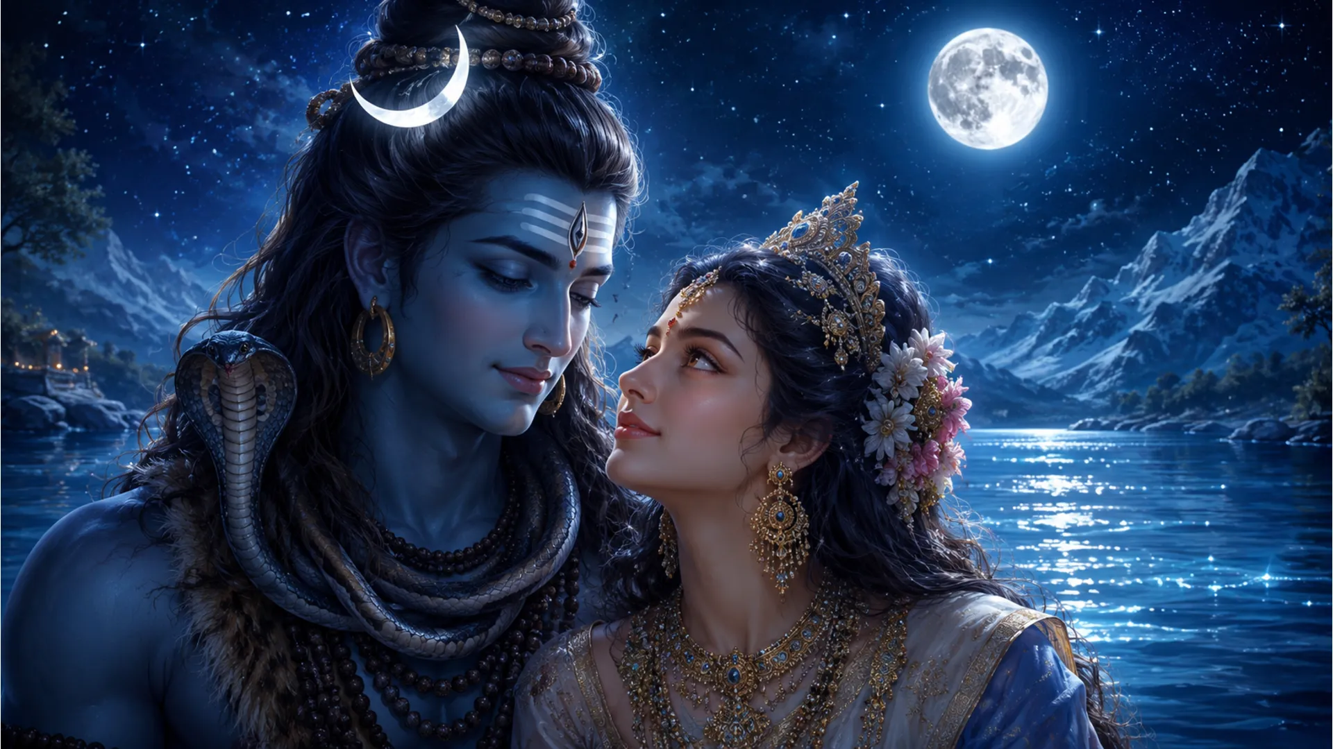 shiva parvati moonlight reflection close up romantic spiritual art hd