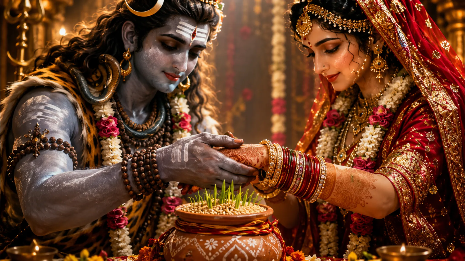 Detail-oriented painting showing the sacred hand-holding ceremony of Shiva and Parvati during their marriage.