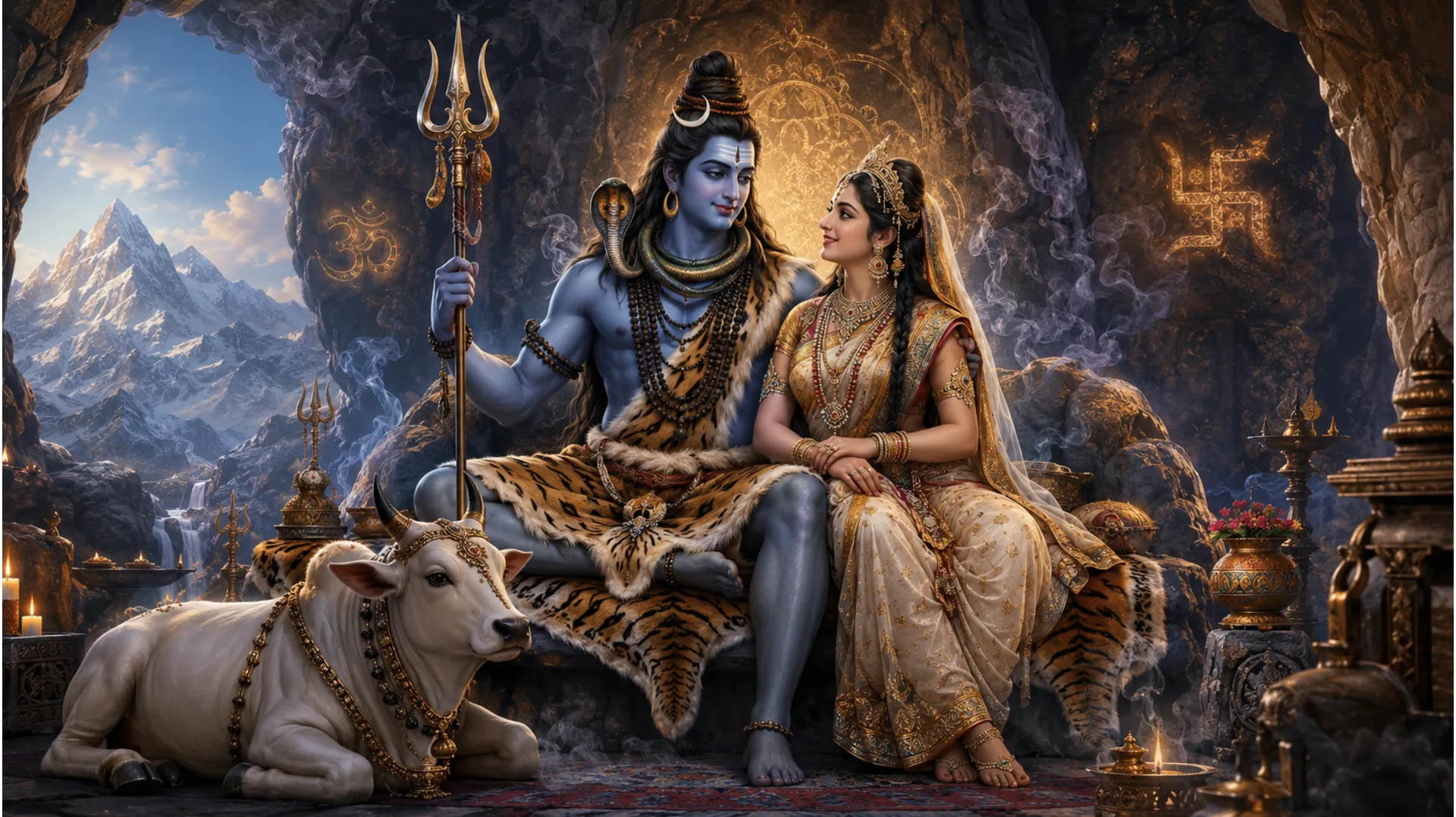 Lord Shiva and Parvati sitting on a tiger skin throne in a divine setup.