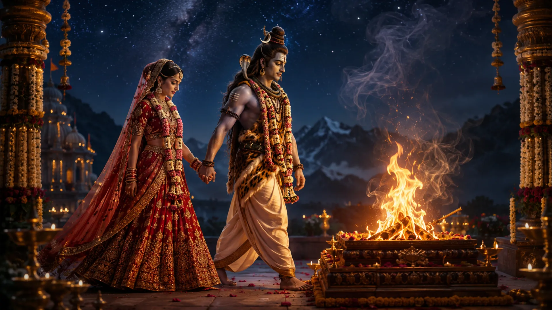 Spiritual artwork showing Lord Shiva holding Parvati’s hand while walking around the sacred wedding fire.