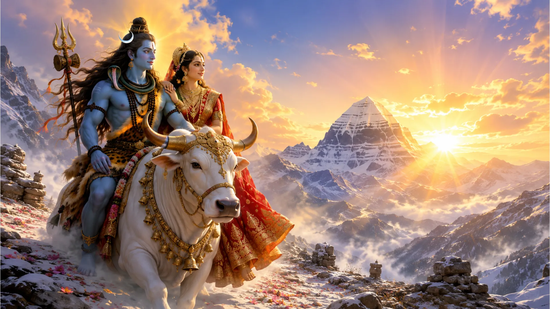 Majestic artwork of the newly married Shiva and Parvati traveling back to Mount Kailash together.
