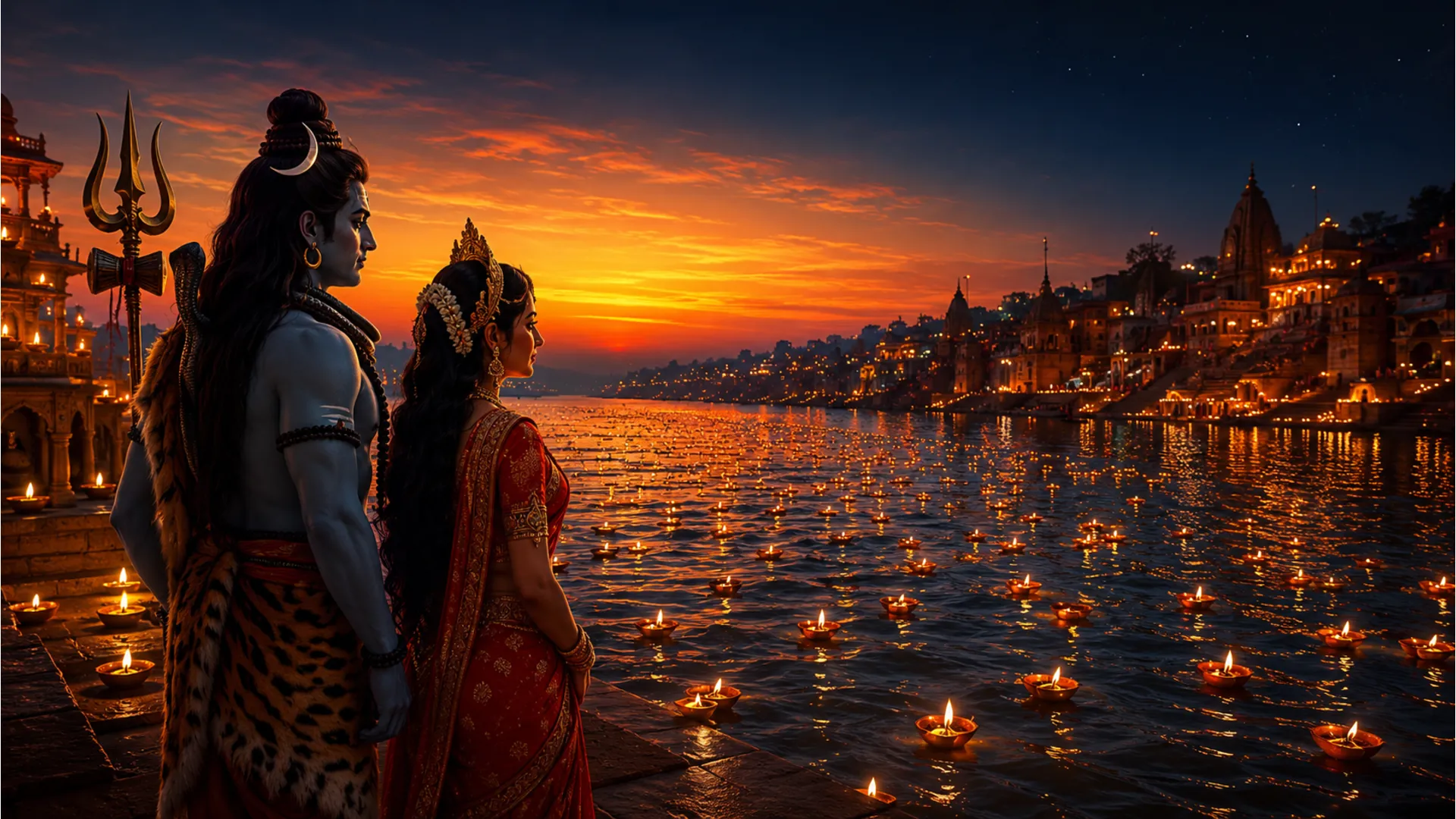 Serene artwork of Shiva and Parvati standing next to the flowing Ganges river during a golden sunset.