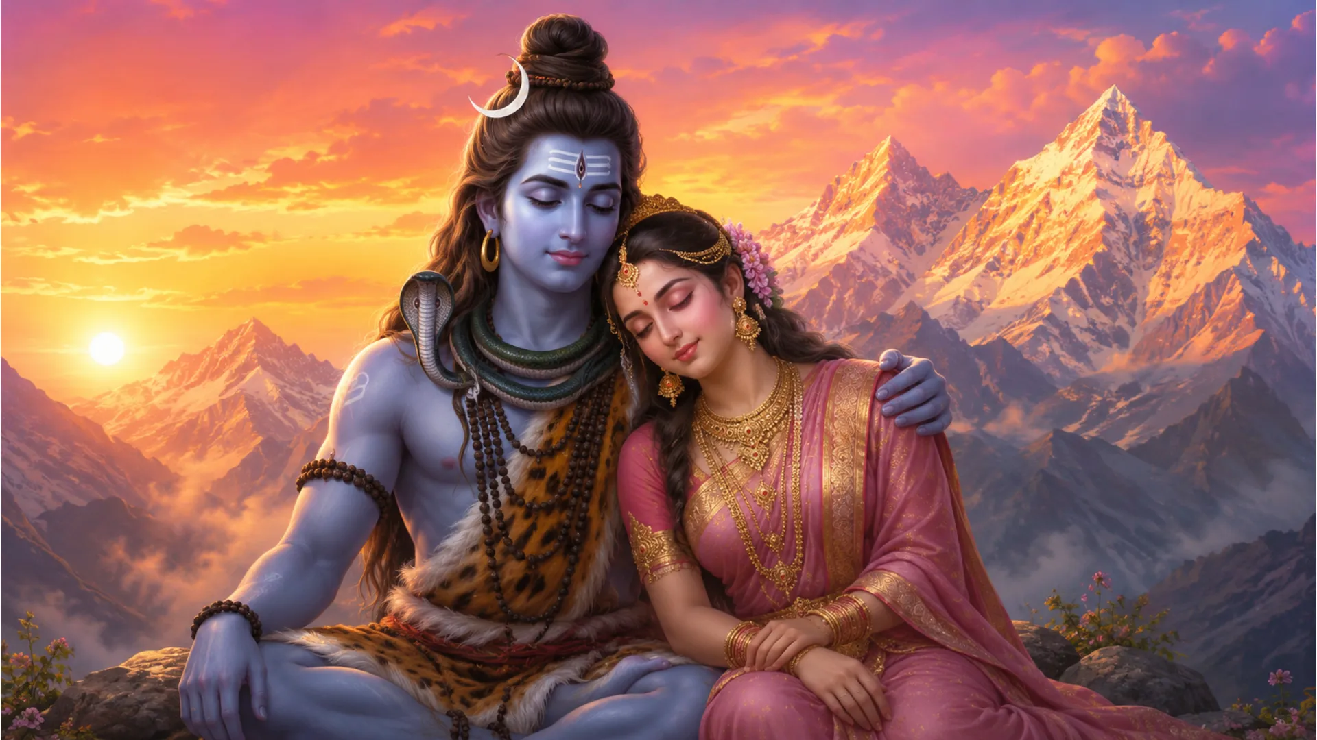 shiva parvati romantic sunset meditation close up art soft tone