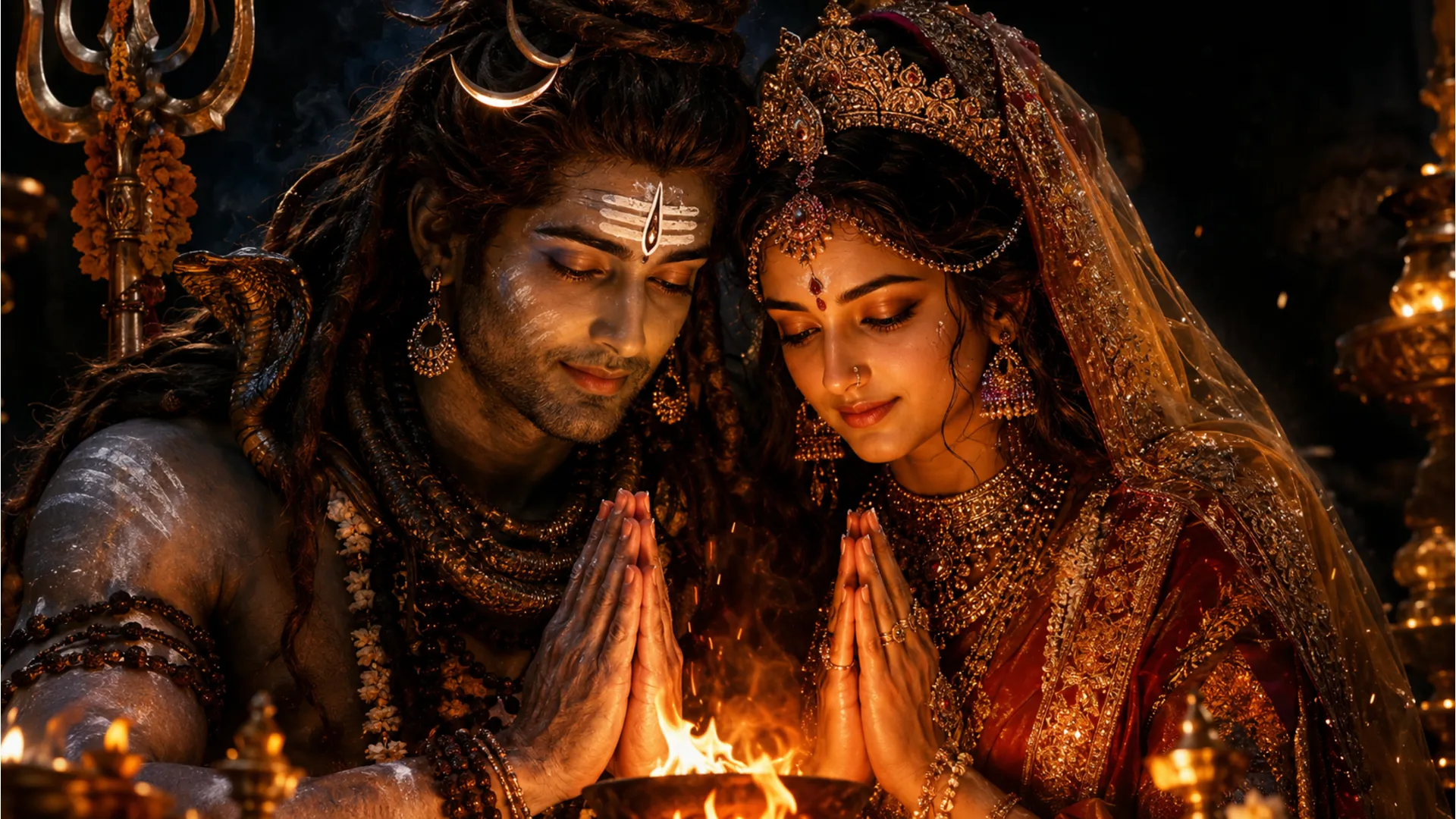 shiva parvati sacred fire ritual romantic close up spiritual art