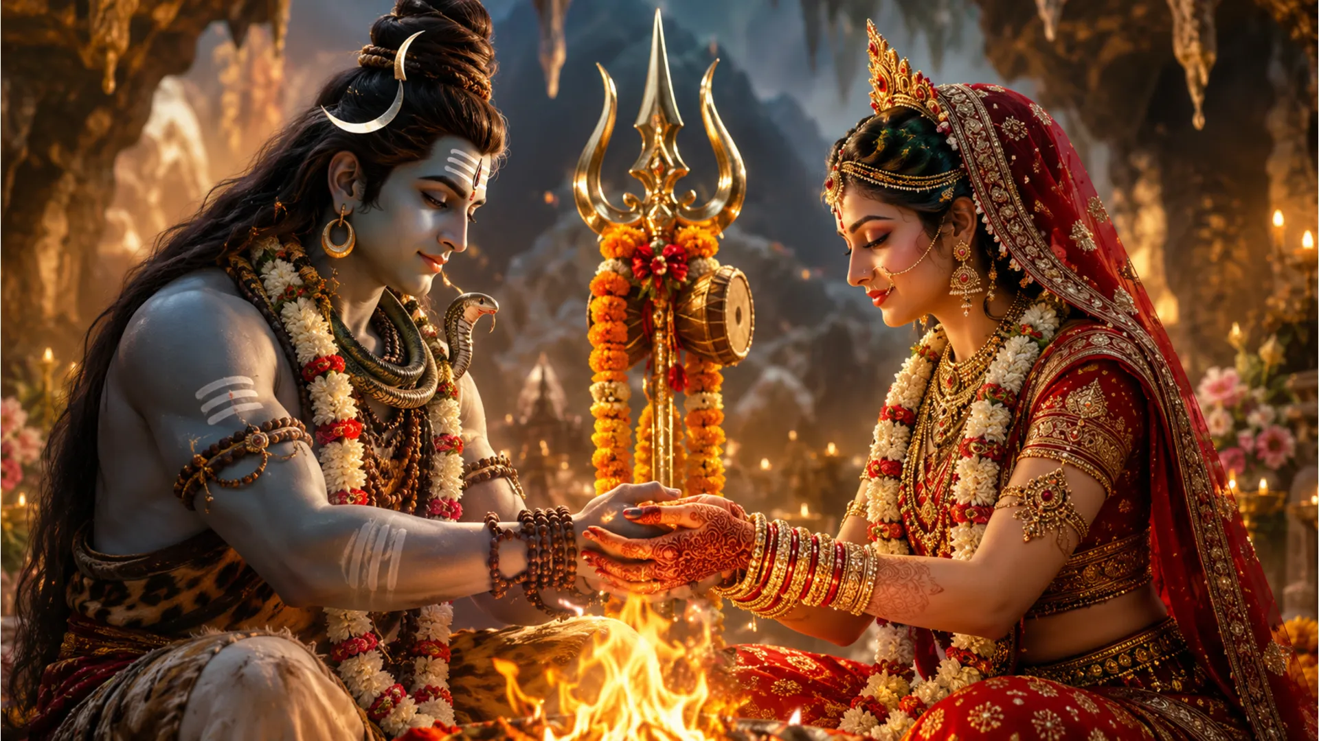 shiva parvati vivaah wedding hand holding ritual with sacred trishul and holy fire glow