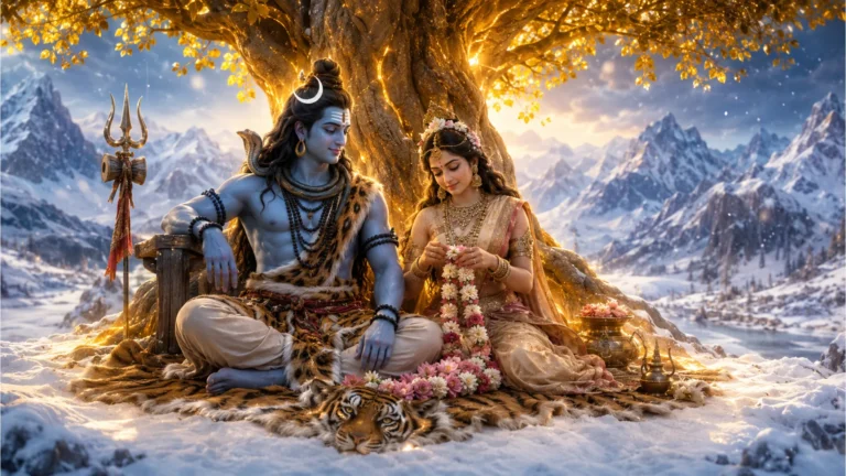 Shiva and Parvati resting under a glowing golden tree on a snow-covered mountain slope.