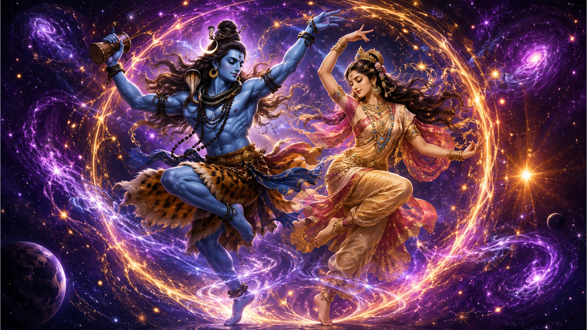 Vibrant digital artwork showing Shiva and Parvati performing their cosmic dance amidst stars and nebulae.