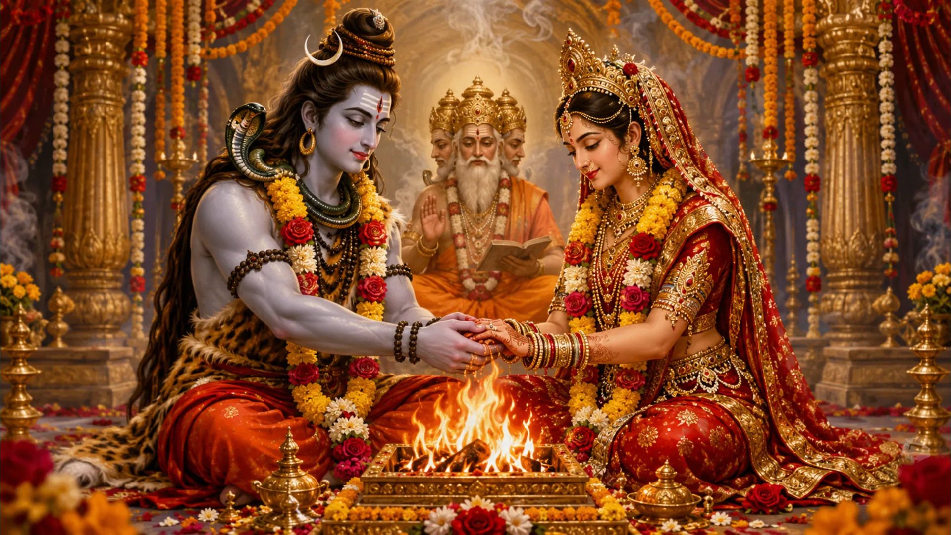 Colorful artwork of Shiva and Parvati holding hands during their sacred Vedic marriage ritual.