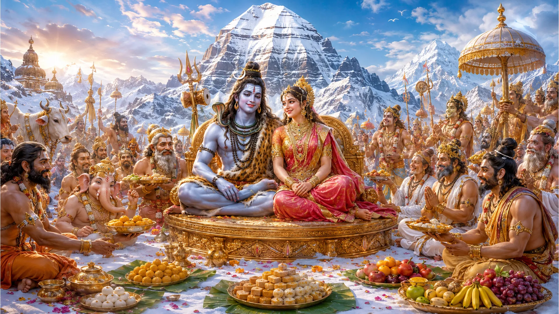 Artistic depiction of a grand wedding feast for Shiva and Parvati in the snowy Himalayan mountains.