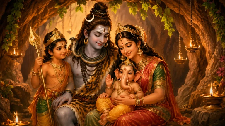 Wholesome digital art of Shiva, Parvati, young Ganesha, and Kartikeya sitting together as a family.