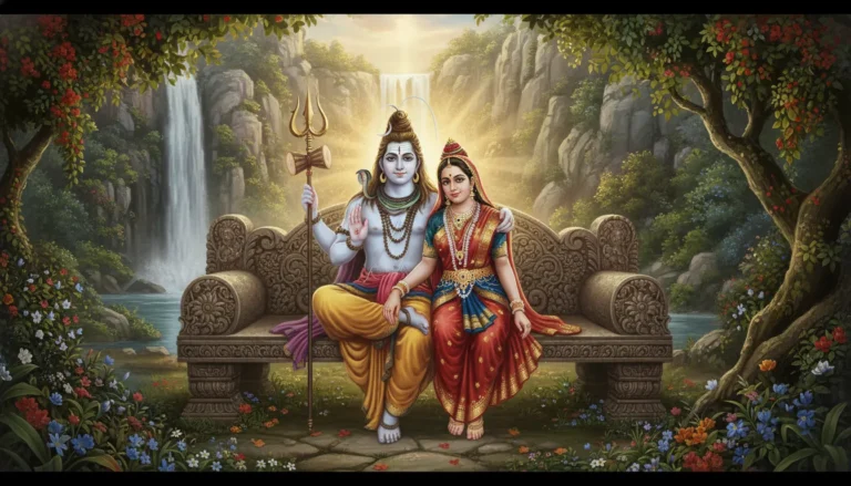 Lord Shiva and Goddess Parvati seated together in a lush garden environment HD wallpaper 1080p download.