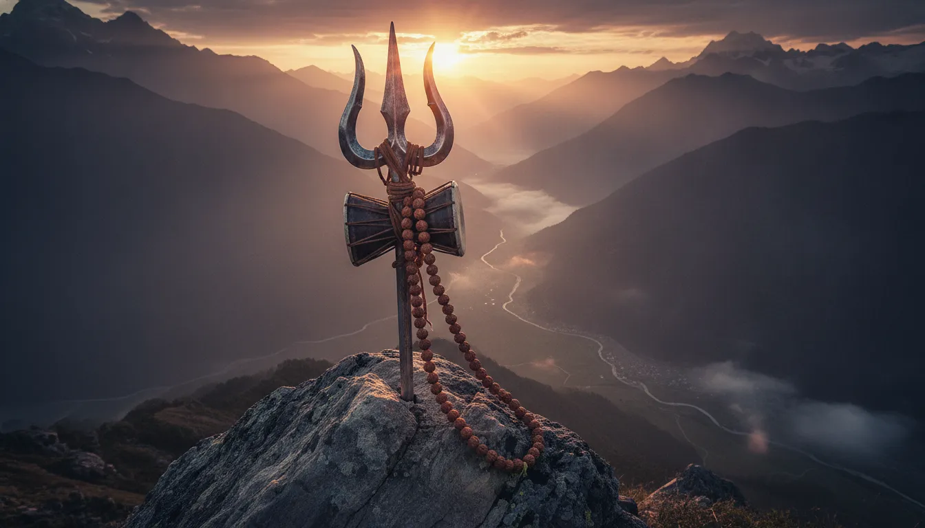 Lord Shiva's holy Trishul decorated with a damru and rudraksha beads on a mountain.