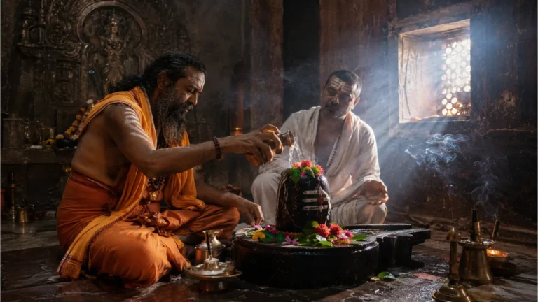 Mandir mein Shivalinga par Ganga jal charhate hue Kanwariya.