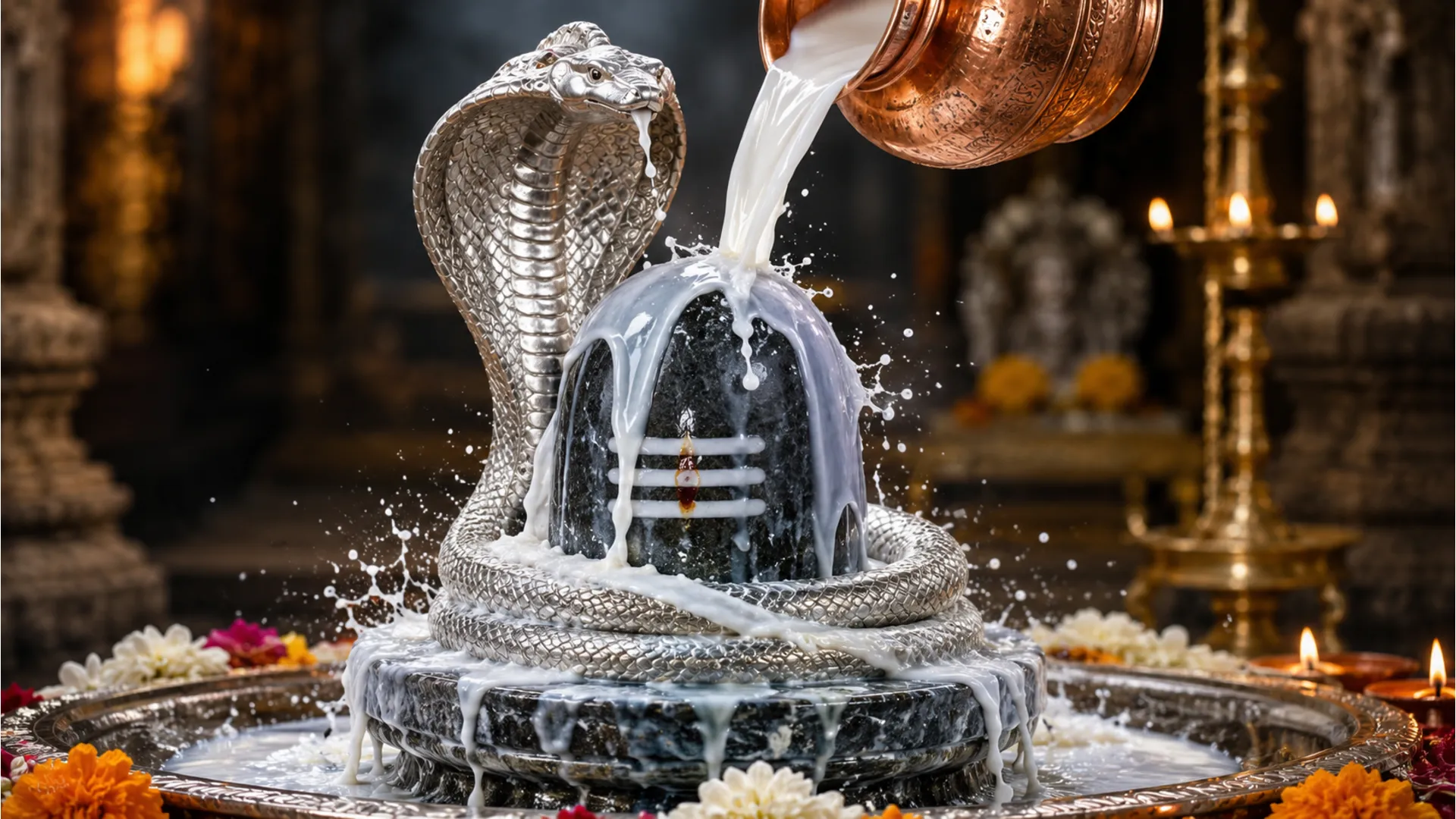 White milk pouring over a silver snake wrapped around a stone Shivling during prayer