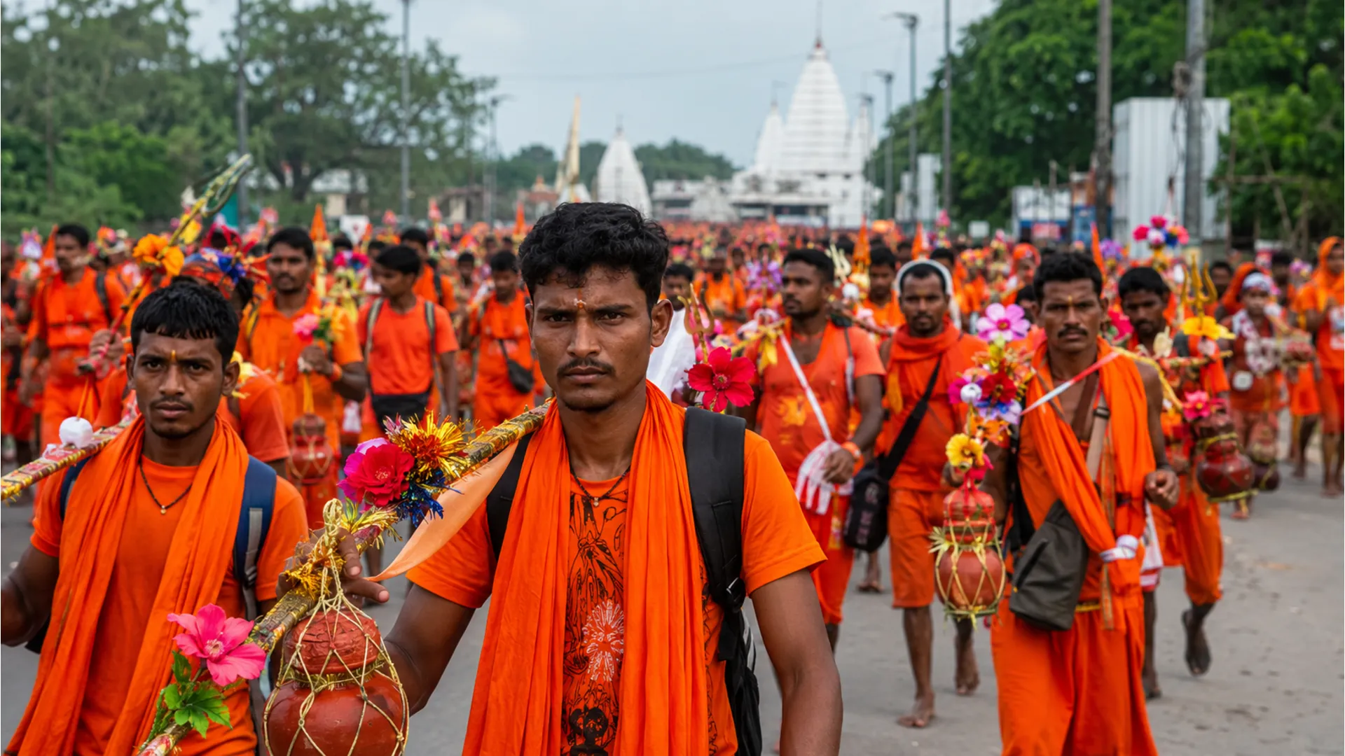 Kanwariya saffron-clad devotees offering prayers near Deoghar shivling during Shravani Mela.