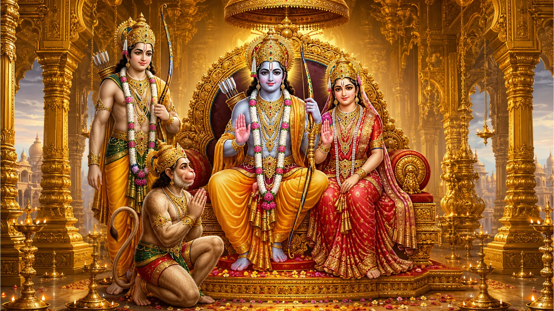 Majestic artwork of Shri Ram Darbar with Lord Rama, Goddess Sita, Lakshmana, and Hanuman in a grand golden palace temple room.