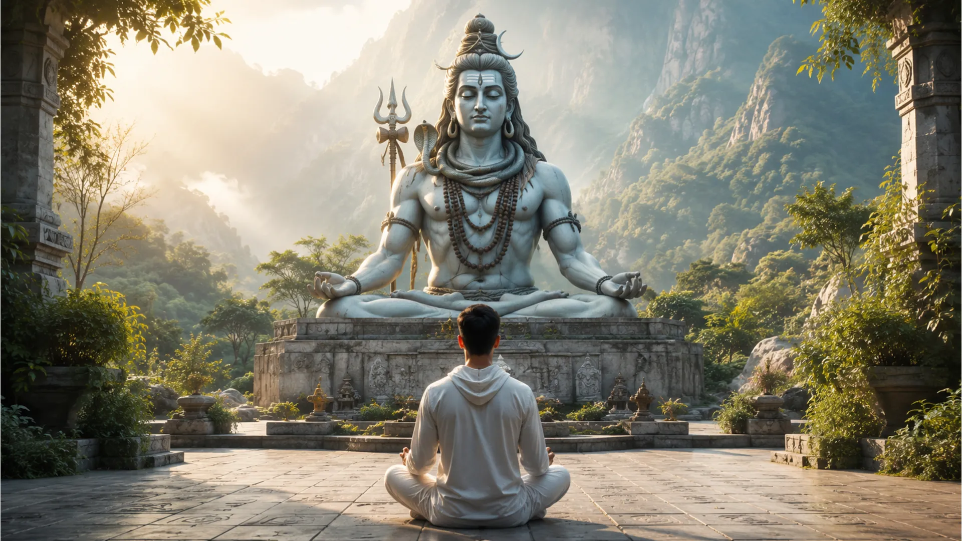 A man sitting in full lotus posture meditating in front of a large Shiva statue in a quiet temple courtyard
