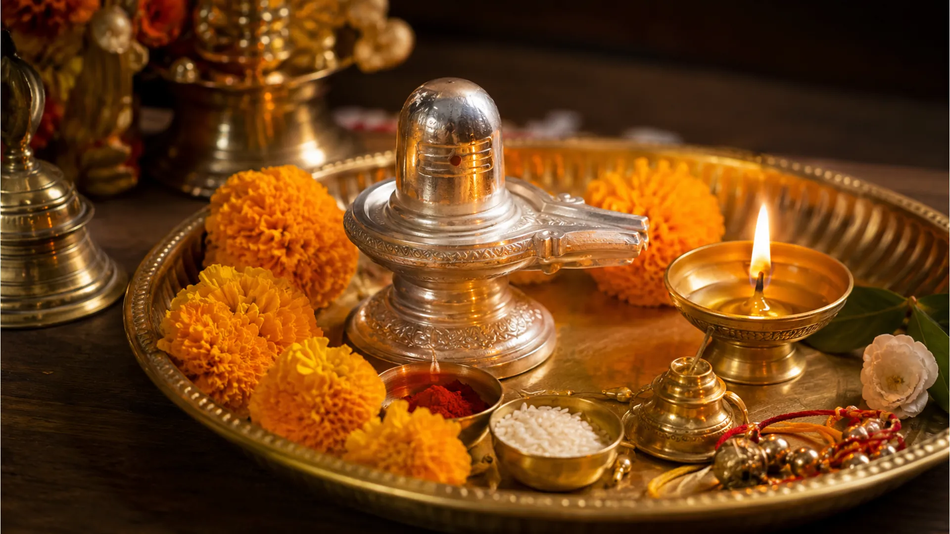 A beautiful silver shivling arranged carefully inside a traditional festive brass puja thali with flowers.