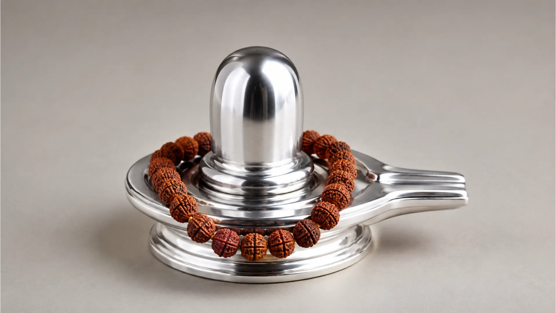 A traditional silver shivling wrapped gently with a small necklace made of brown rudraksha beads.