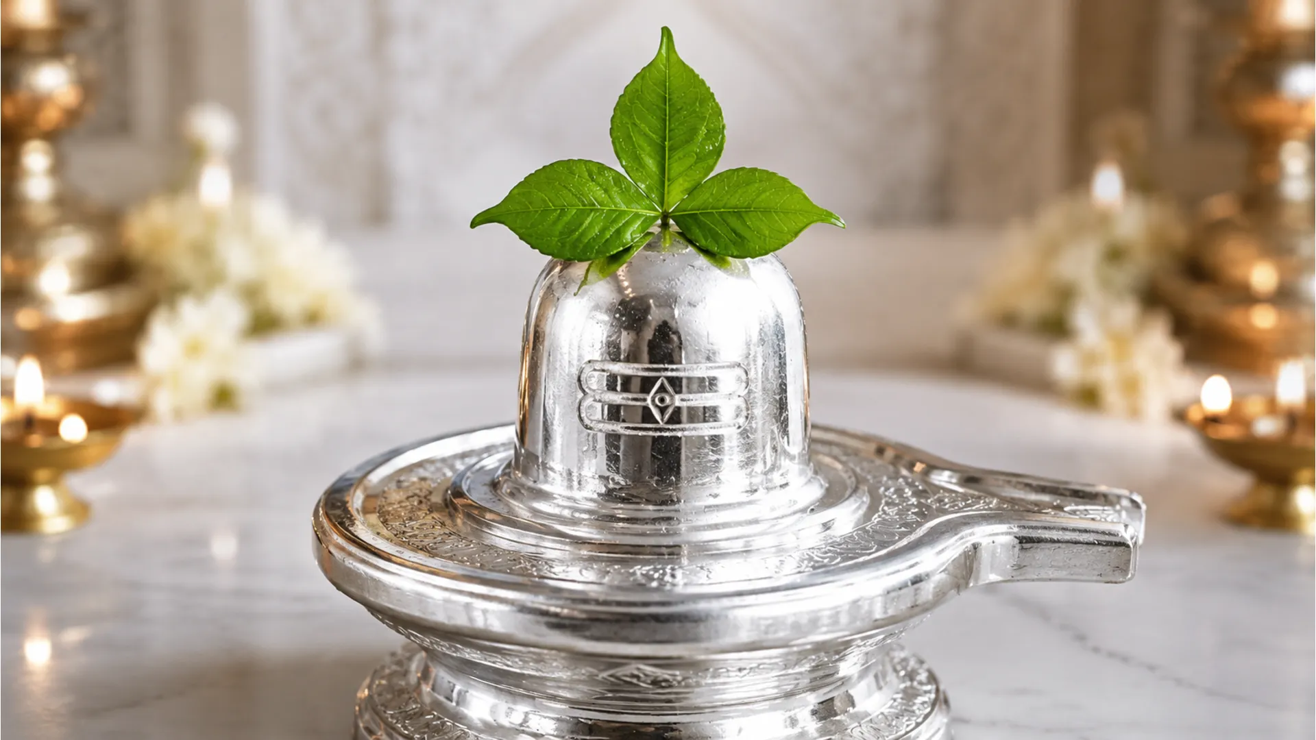 A polished shiny silver shivling with a fresh vibrant green three-lobed bel patra leaf placed on top.